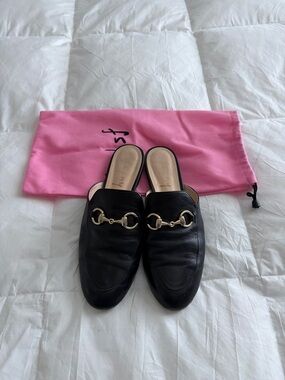 French Sole Black Leather Horsebit Slip-On Mules